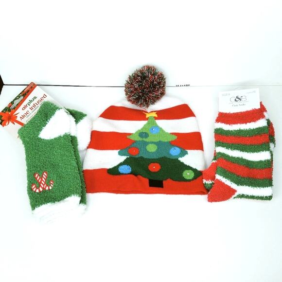 Christopher & Banks Christmas Tree Candy Cane Holiday Socks & Pom Pom Hat - Picture 1 of 10